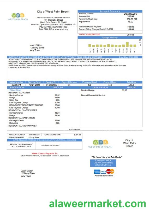 USA Florida City of West Palm Beach utility bill template in Word and PDF format